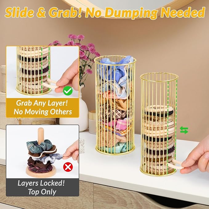 Gold Metal Hair Ties Holder Organizer – Stylish Scrunchie Stand with Side Opening for Easy Access – Countertop Hair Elastics Storage for Women & Girls, Set of 2 (Large & Small)