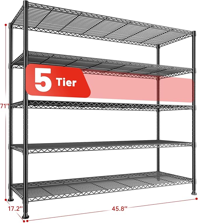 REIBII 45.8''W Steel Wire Shelving Unit, 5 Tier Adjustable Metal Storage Shelves for Kitchen Pantry Office Wire Rack Metal Shelving Unit for College Dorm School, 45.8" W x 71" H x 17.2" D 3PCS
