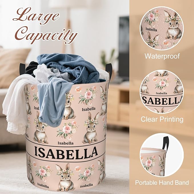 Custom Name Laundry Hamper, Personalized Rabbit Laundry Basket with Name for Boys Girls Kids Men Women, Customized Name Dirty Clothes Basket Gifts for Clothes Toy Bathroom Bedroom Laundry Room Dorm