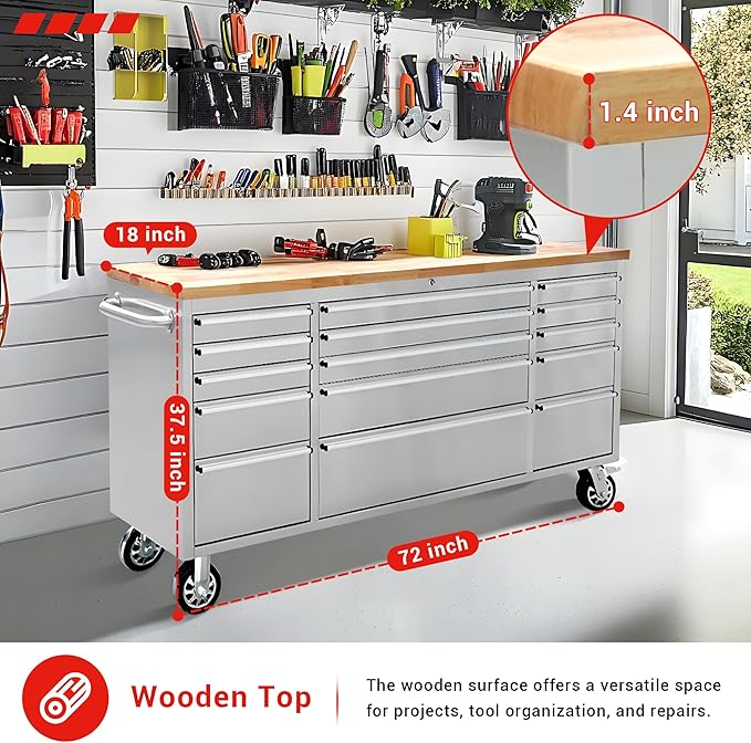 CT Copper Tailor 72-inch Tool Chest with Integrated Power Strip,15 Drawers and Wheels, Mobile Garage Workbench Storage Tool Cabinet, Large Rolling Tool Box with Wood Top, Stainless Steel