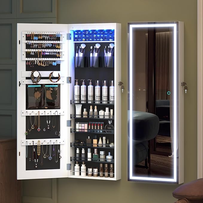 LVSOMT LED Mirror Jewelry Cabinet, Wall/Door Mount Jewelry Armoire Organizer with Lights, Full Length Mirror with Jewelry Storage, Over the Door Hanging Jewelry Cabinet (White)