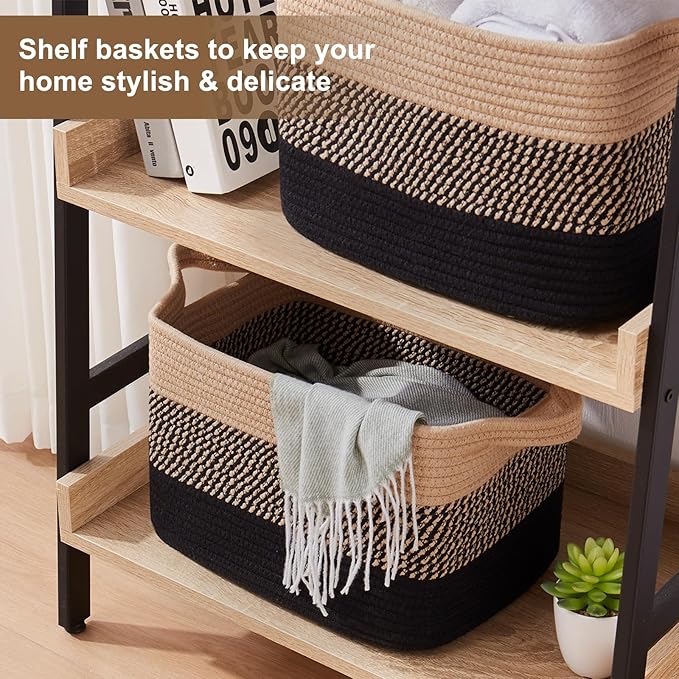 Storage Basket for Organizing, Woven Baskets for Storage, Rectangle Decorative Baskets for Shleves, Closet, Toys, Books, Nursery Organizer Bins - Pack of 3 (Black & Brown, 15.75"x11.8"x9.85")