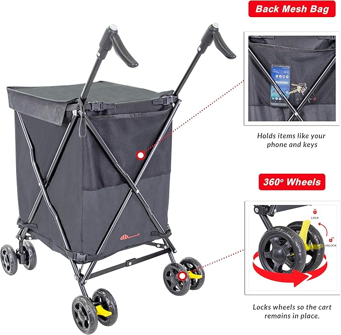 dbest Products Cruiser Cart Urban 360 Folding Shopping Grocery Collapsible Laundry Basket on Wheels Foldable Utility Trolley Carrito de Compras