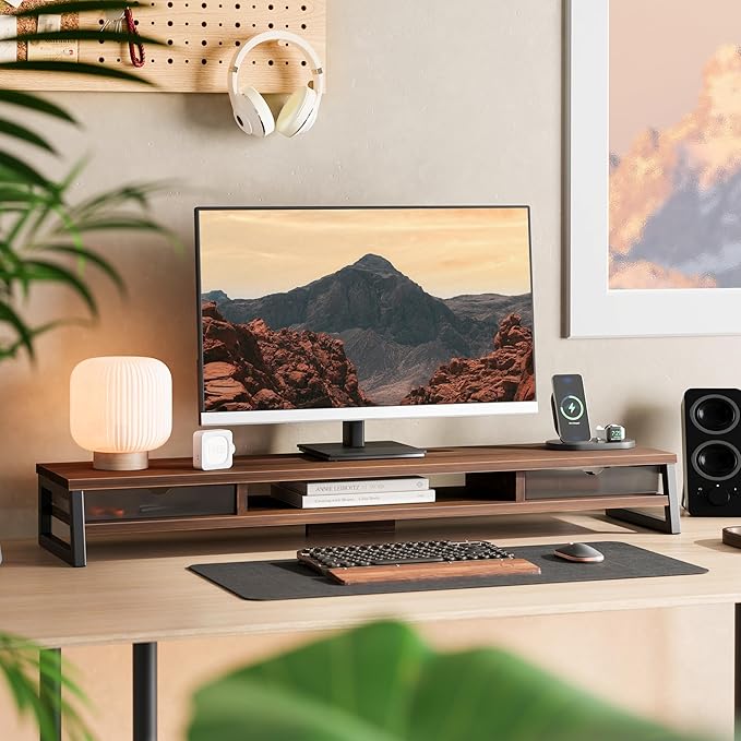 Fenge Dual Monitor Stand, Monitor Riser with Drawer, 42.5 Inch Large Computer Monitor Stand for 2 Monitors, 2 Tier Wooden Desk Shelf for Top of Desk