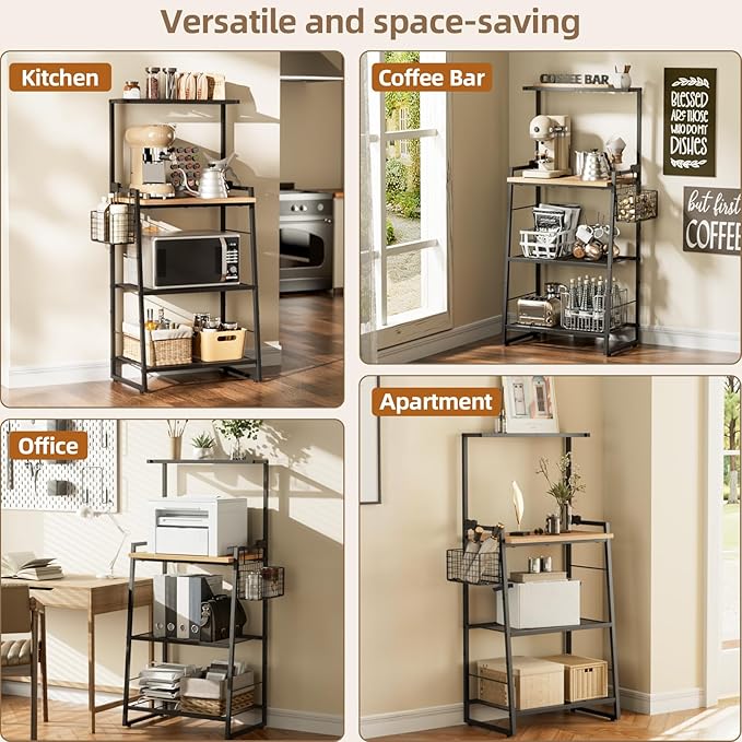 Bakers Rack with Foldable Basket, Large 4 Tiers Coffee Bar Station, Kitchen Microwave Stand with Storage, Metal Shelf Rack for Living Room, Office, Garage (Rustic Brown)