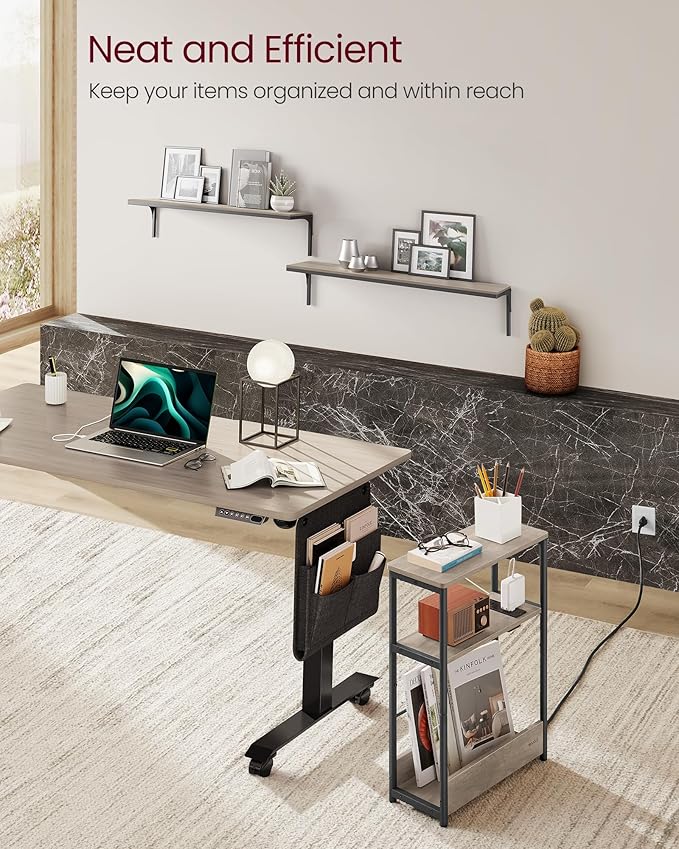 VASAGLE Side Table with Charging Station, Narrow End Table, 3-Tier Nightstand, Sofa Table for Small Spaces, Magazine Rack, for Living Room, Bedroom, Study, Heather Greige and Ink Black ULET335K04