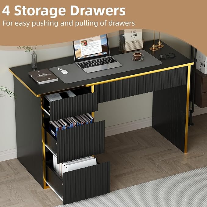4 EVER WINNER 47'' Computer Desk with Drawers, Small Desk with Drawers File Cabinet, Writing Study Desk for Bedroom, Black Desk