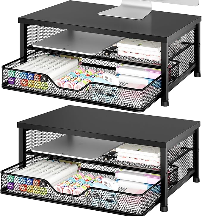 OPNICE Computer Monitor Stand Riser, Desk Organizers and Accessories with Drawer, Laptop Stand, Office Desk Accessories & Workspace Desktop Organizers Storage for Office Supplies(Black 2-Pack)