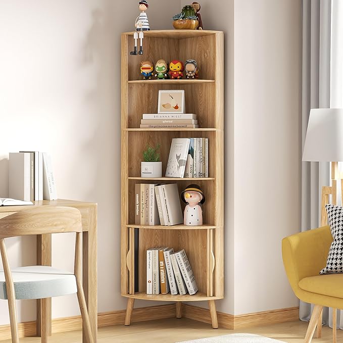 Corner Cabinet, 66.73'' Tall Modern Corner Bathroom Storage Cabinet with 2 Fluted Doors and Shelves, Home Space Saver for Kitchen, Living Room, Study Room (Wood Color, 66.73''H)