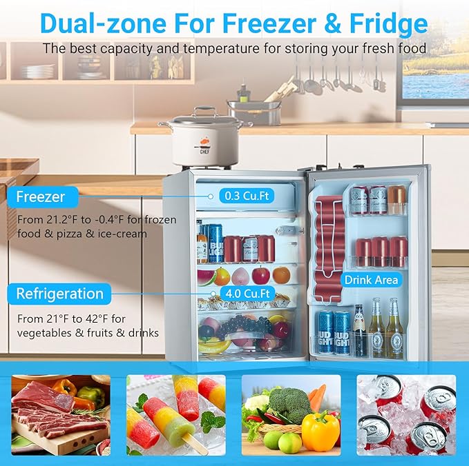 Jojoka 4.3 Cu.ft Mini Fridge with Freezer, Single Door Small Refrigerator with Slide Out Glass Shelves, Compact Refrigerator for Bedroom, Office, Dorm