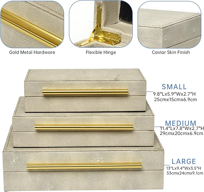 Faux Shagreen Leather Jewelry Storage Boxes Set of 3 with Gold Handles, Velvet Lined Stackable Organizer for Women, Vanity, Dresser, Gift, White
