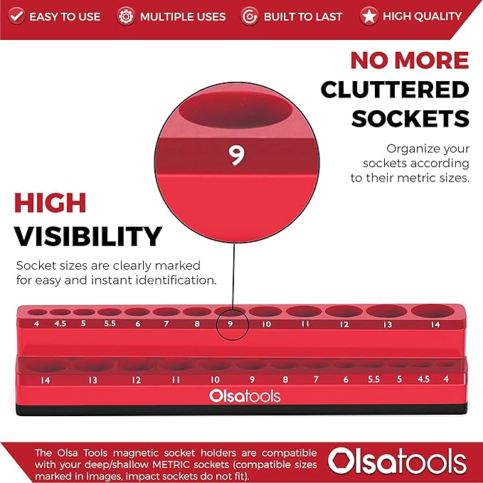 Olsa Tools Magnetic Socket Holder | 1/4-inch Drive | Metric | Red | Holds 26 Sockets | Professional Quality Tools Organizer