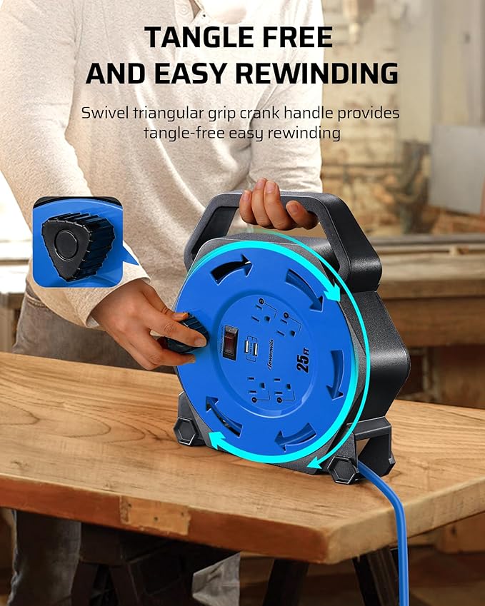 DEWENWILS Cord Reel with 4 Power Outlets, 2-USB Ports(3.4A Fast Charge), 25FT Retractable Extension Cord Reel, Heavy Duty SJTW 16/3 Cable, 13A Circuit Breaker, Hand Wind, UL Listed