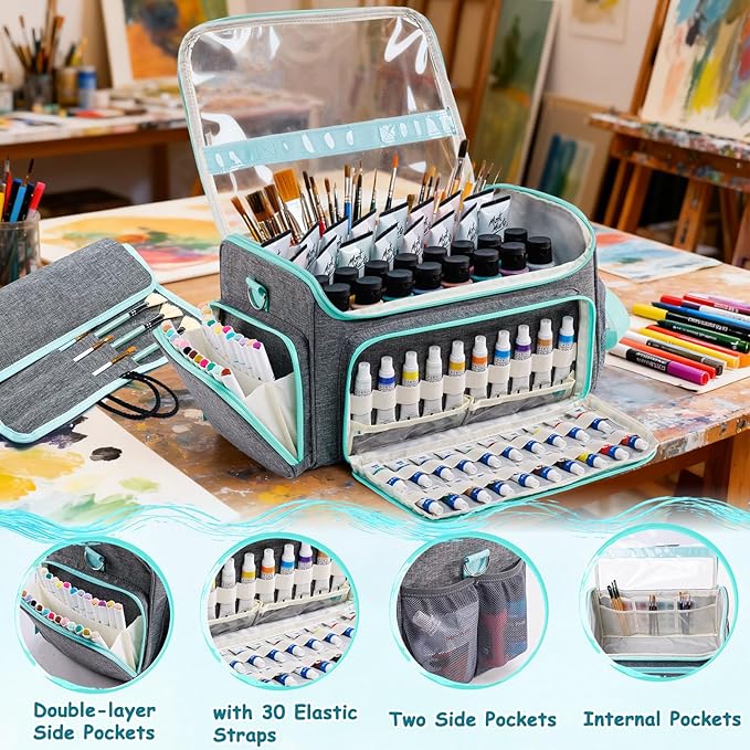 SFYBYHEART Acrylic Paint Organizer Bag with Washable Roll-Up Brush Holder, Large Art Supply Case, Craft Organizer with Foam Inserts for Apple Barrel, Shuttle Art, Caliart Art Supplies Storage Bag