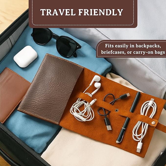 ROGUE WALLET Handcrafted Genuine Leather Tech Organizer - Spacious Phone Cord Organizer, Wide Storage Pockets - Durable & Easy to Maintain Cable Storage Bag for Everyday Use (Brown)