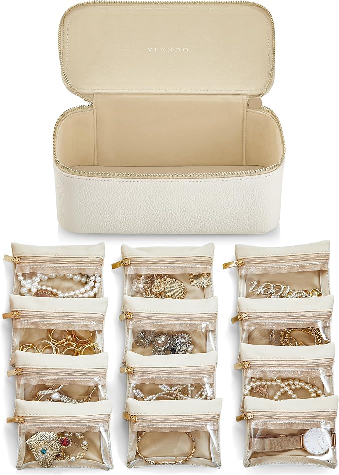 Vlando Jewelry Box with 12 Velvet Jewelry Pouch Jewelry Travel Organizer for Women Girl Jewelry Case Necklace Rings Earrings Bags Christmas Gifts Wedding Gifts Mothers Day Gifts (White)