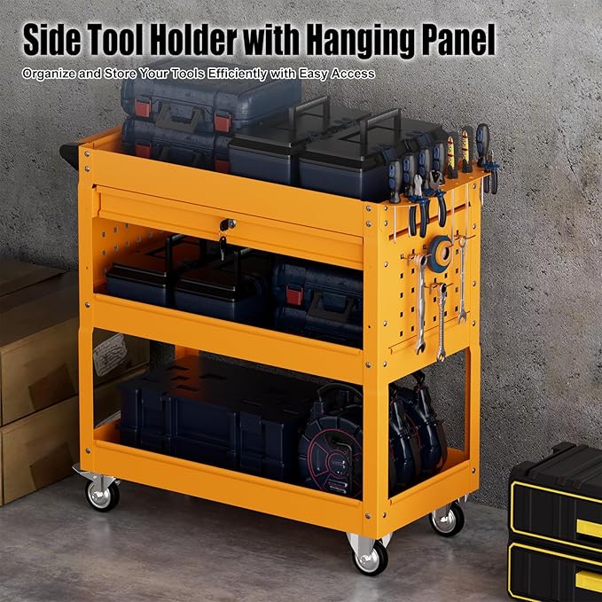 Heavy Duty 3 Tier Tool Cart, Mechanic Metal Rolling Tool Cart with Storage Drawers for Garage Workshop