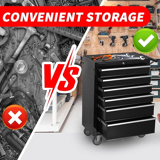 6-Drawer Rolling Tool Chest Cabinet, Large Capacity Metal Tool Box with Wheels and Locking, Roll Around Storage Organizer Tool Cart for Garage, Warehouse, Work Shop - Black