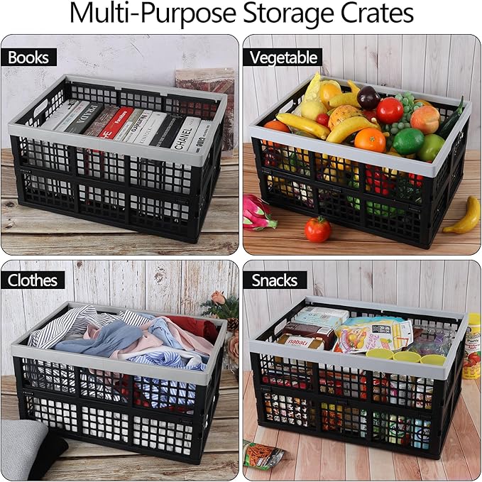 Ggbin 4 Pack Stackable Storage Crates Large, 42 L Plastic Collapsible Crates for Groceries