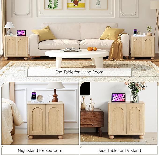 Bed Side Table with Charging Station, Mid Century Modern Nightstand with 2 Doors, Square End Table with Storage for Couch,Living Room,Small Spaces, Sofa Side Table for Office,Dorm - Natural
