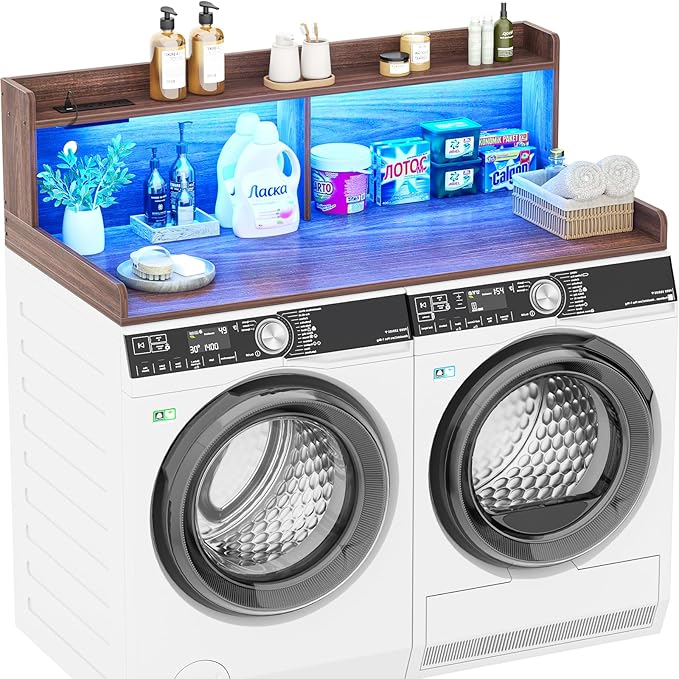 Aheaplus Washer and Dryer Countertop, 2-Tier Laundry Countertop Cover with LED Lights and Power Strip, Large Space Laundry Topper with Shelf for Laundry Room Organization, Brown