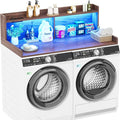 Aheaplus Washer and Dryer Countertop, 2-Tier Laundry Countertop Cover with LED Lights and Power Strip, Large Space Laundry Topper with Shelf for Laundry Room Organization, Brown