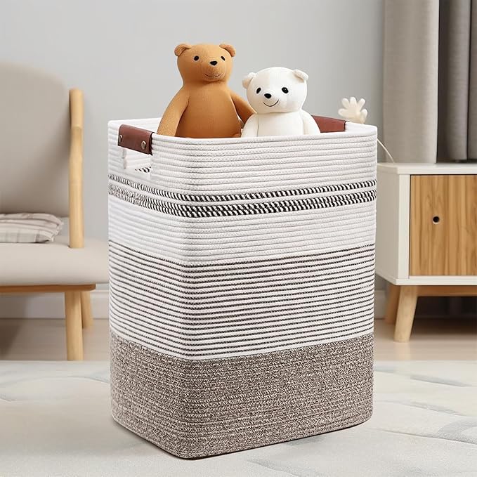 DOFASAYI Laundry Basket - 85L Large Cotton Rope Blanket Basket with Leather Handles, Decorative Storage Hamper, Clothes Hamper for Living Room, Bedroom, Rice Brown & White