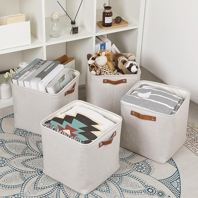 HNZIGE Foldable Cube Storage Bin(4 Pack) Storage Baskets for Shelves, Closet,12x12 Storage Cube Bins Baskets for Cube Organizer, Fabric Storage Cubes for Storage Home Organization with Handles(Cream)