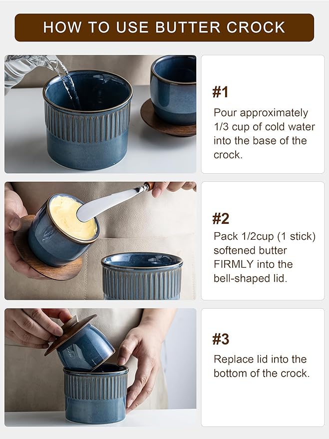 Ceramic Butter Dish with Lid, Butter Crock for Countertop, French Butter Keeper, Farmhouse Cow Pattern, Blue