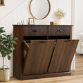 Grepatio Tilt Out Fluted Laundry Hamper Cabinet, 22 Gallon Double Hidden Laundry Hamper, Wooden Trash Can Cabinets with 2 Drawers, Modern Garbage Can Cabinet for Bathroom, Kitchen (Brown, Double)