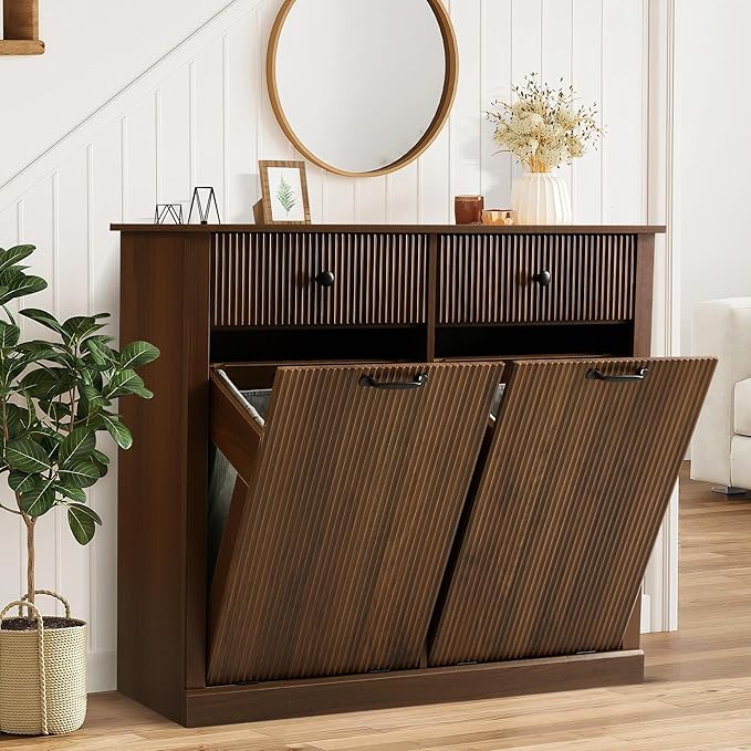 Grepatio Tilt Out Fluted Laundry Hamper Cabinet, 22 Gallon Double Hidden Laundry Hamper, Wooden Trash Can Cabinets with 2 Drawers, Modern Garbage Can Cabinet for Bathroom, Kitchen (Brown, Double)
