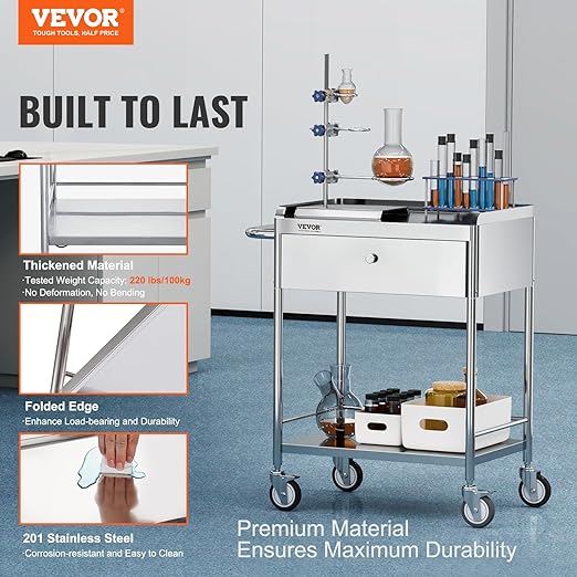 VEVOR Stainless Steel Utility Cart with Wheels - Medical/Dental Lab Cart - 2 Shelves/1 Drawer