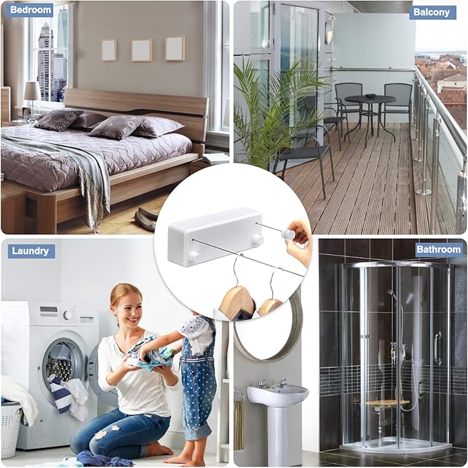 Bakala Retractable Clothesline, Portable Clothes Line Retracting Outdoors, Wall Mounted Double Line with Adjustable Stainless Steel Rope, 13.8 Ft Drying Laundry Line for Balcony, Laundry, Hote l-White