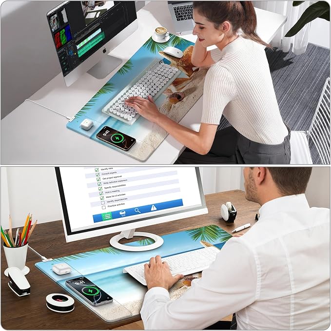 Wireless Charging Mouse Pad, 31.5"x15.8" Large Gaming Desk Mat for Keyboard/Laptop, Waterproof Ultra-Smooth Surface, Non-Slip Base, with 20W PD Adapter, Summer Beach