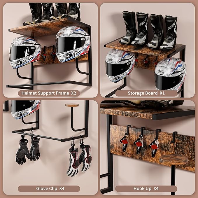 Motorcycle Helmet Holder Wall Mounted, Helmet Rack Wall Mount with Helmet Rack, 4 Glove Chips and 4 hooks, Rustic Helmets Holder and Motorcycle Helmets Racks for Most of Helmet and Clothes