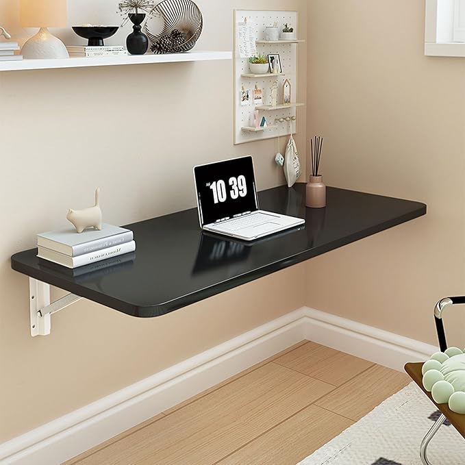 Wall Folding Table for Laundry Room,Floating Desk for Wall Small Spaces,Fold Down Table for Home Office Computer Workstation,Study Work Bench, Kitchen Dining (Black 35.4×19.7inch