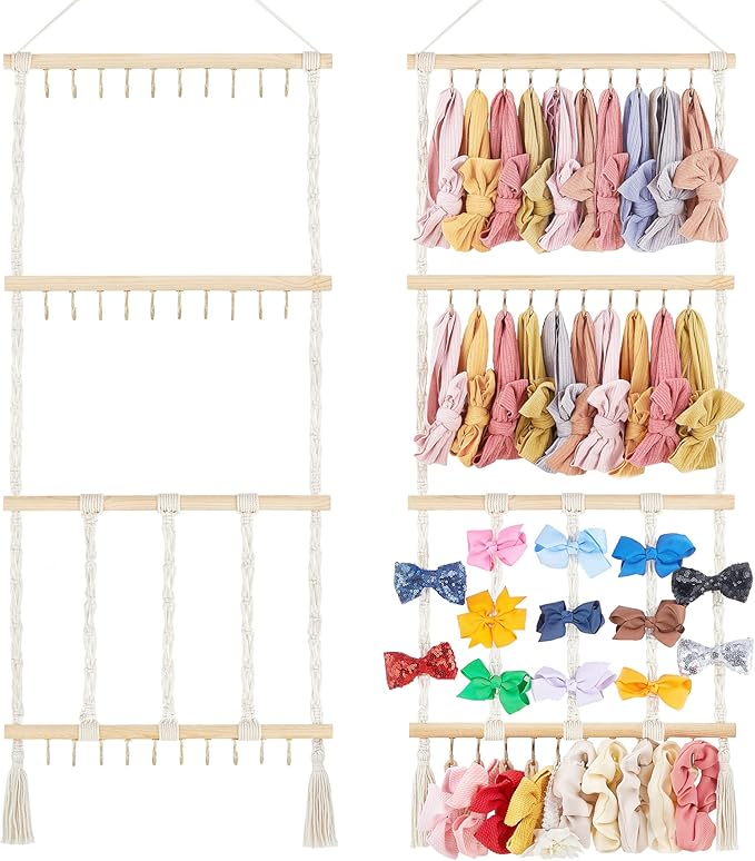 Dahey Headband Holder Bow Organizer for Girls Hair Bows Macrame Bow Holder Hair Accessories Hanger Necklace Display with 30 Hooks Wall Hanging Over Door Organizer Boho Nursery Decor for Baby's Room