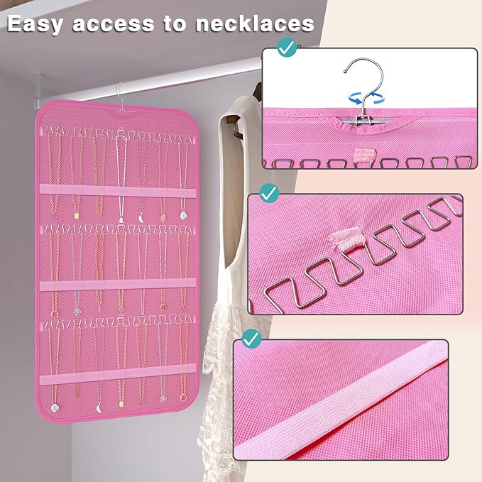 Hanging Jewelry Organizer Storage, 40 Pockets 36 Hooks Necklace Earring Necklace Bracelet Ring Organizer, Double - Sided Design, Pink