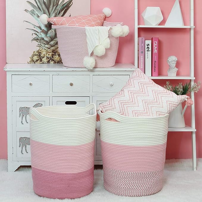 Sea Team Large Size Cotton Rope Woven Storage Basket with Handles, Laundry Hamper, Fabric Bucket, Drum, Clothes Toys Organizer for Kid's Room, 20 x 14 inches, Round Open Design, White & Pink