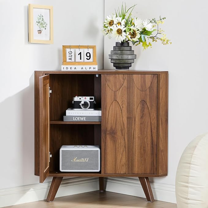 Small Corner Cabinet,Corner Floor Cabinet with Adjustable Doors and Shelve, Freestanding Narrow Storage Organizer for Kitchen Living Room Bathroom (Walnut)