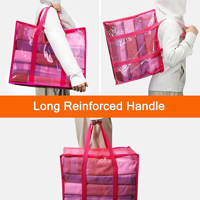 Vieshful Pink 40L Clear Clothes Storage Bag with Zipper 5 Pack Colorful Clothes Organizer Vinyl Storage Bag for Comforter, Blanket, Bedding, Duvet, Transparent Moving Totes