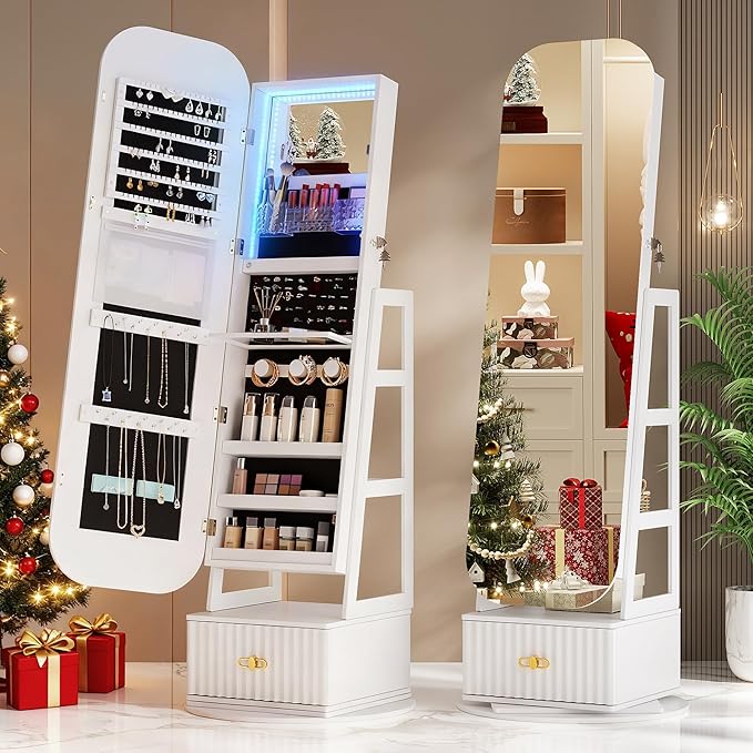 360°Swivel jewelry organizer with Full Length Mirror with Lights,Jewelry Armoires Cabinet Standing with Drawer,Large Mirror Storage for Jewelry and Makeup（White）