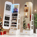 360°Swivel jewelry organizer with Full Length Mirror with Lights,Jewelry Armoires Cabinet Standing with Drawer,Large Mirror Storage for Jewelry and Makeup（White）