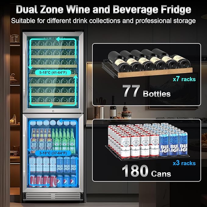 24 Inch Wide Wine and Beverage Refrigerator, 2 IN 1 Dual Zone Wine Cooler, Built-In/Freestanding Beverage Wine Fridge with Safety Lock, Low Noise and Fast Cooling Silver