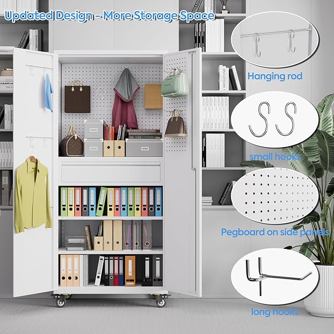 SUXXAN 71" Metal Garage Storage Cabinet with 16 Hooks and Pegboards,1 Drawer Inside Rolling Tool Storage Cabinet with Adjustable Shelves,3 Metal Hanging Rod for Garage,Warehouse(White)