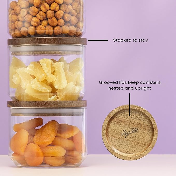 JoyJolt Holden 14oz Stackable Glass Storage Containers with Lids and Wooden Tray, Small Airtight Food Canister Set of 3 with Acacia Wood Lids, Round Clear Stacking Pantry and Kitchen Containers