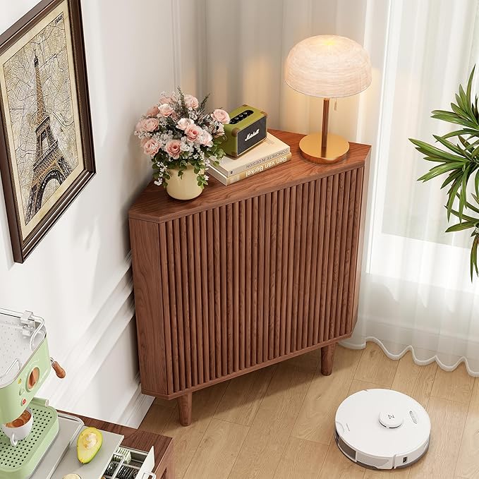 Fluted Floor Corner Kitchen Cabinet, Wooden Freestanding Cabinets Organizer with Door, Side Storage Organizer for Living Room, Dining Room, Bathroom Walnut
