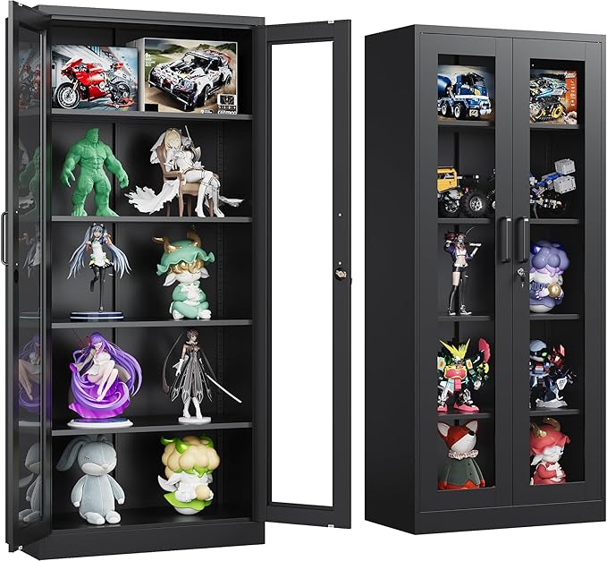 Metal Storage Cabinet with Lock and Glass Doors,Glass Display Cabinet,Black Storage Cabinets,Locking Curio Cabinets with 5 Shelves for Collectibles,Home,Office,Living Room