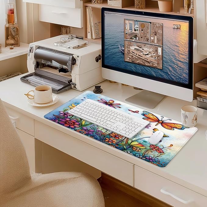 Vintage Hippie Floral Butterfly Large Mouse Pad 31.5x15.7inch, Retro Hippy Flower Butterfly Large Extended Computer Desk Mat Mousepad for Keyboard and Mouse, Flora Desk Accessories