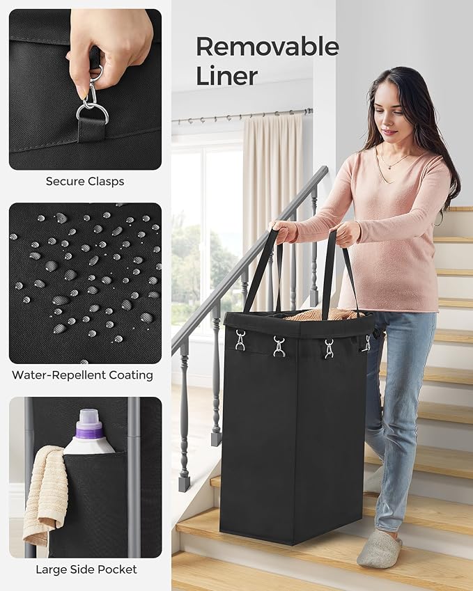 SONGMICS Laundry Basket with Wheels, Rolling Laundry Hamper, 23.8 Gallons (90 L), Removable Liner, Steel Frame with Handle, 24 x 11.4 x 31.9 Inches, Ink Black URLS003B01